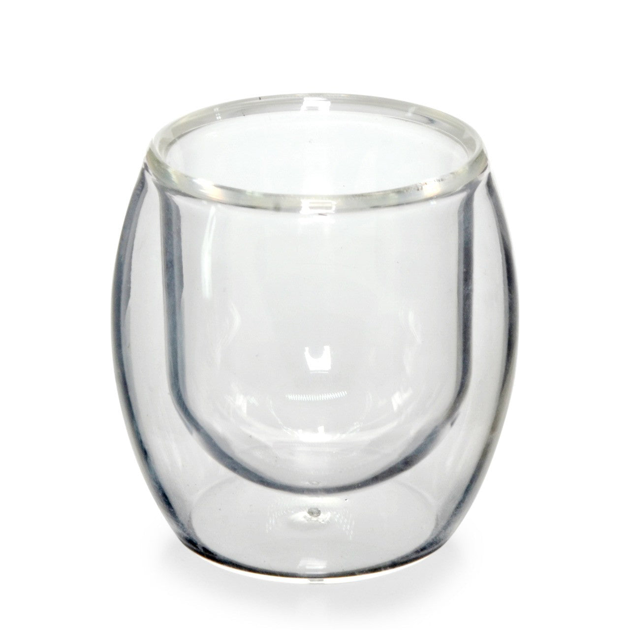 Clear glass tumbler with double-wall design on a white background, featuring the SUJI brand.