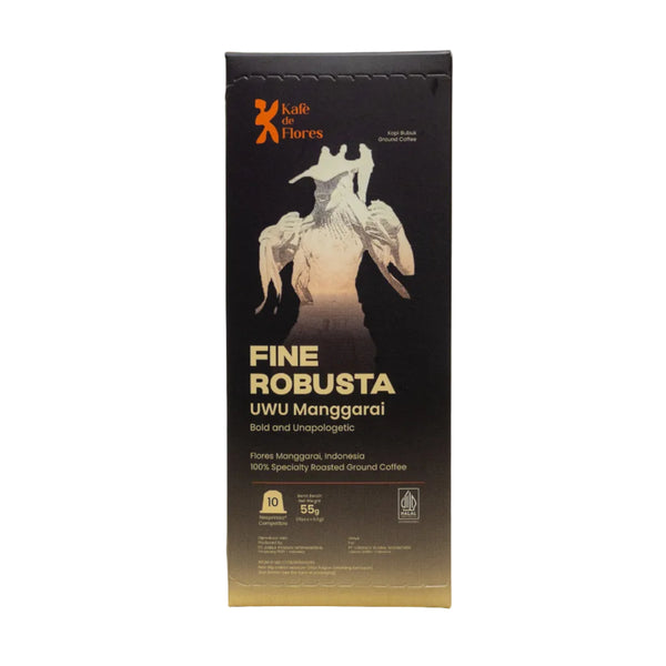 Fine Robusta UWU Manggarai coffee capsule packaging front view, Kafe de Flores Flores Indonesia