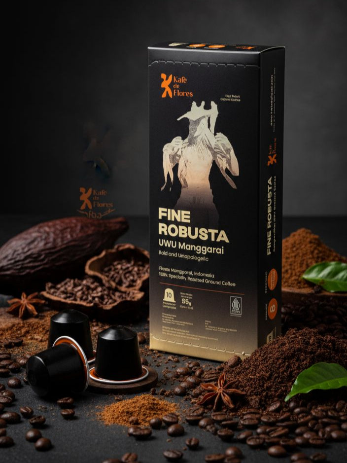 Fine Robusta UWU Manggarai coffee capsule moody lifestyle shot with coffee beans, Kafe de Flores Flores Indonesia