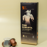 Fine Robusta UWU Manggarai coffee capsule flat lay with loose capsules, Kafe de Flores Flores Indonesia.