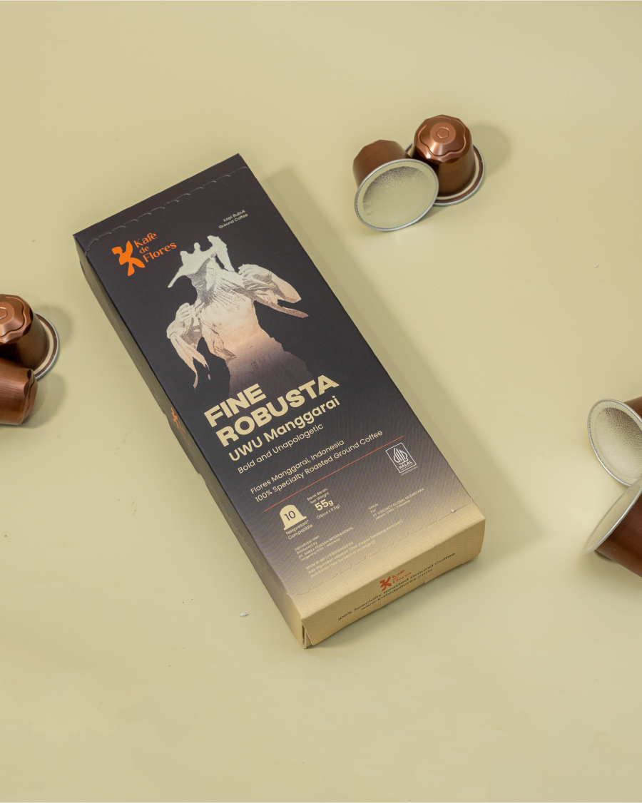 Fine Robusta UWU Manggarai coffee capsule packaging side angle, Kafe de Flores Flores Indonesia