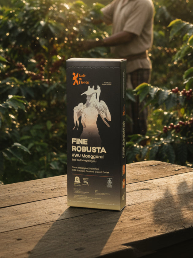 Fine Robusta UWU Manggarai coffee capsule lifestyle shot with natural greenery, Kafe de Flores Flores Indonesia