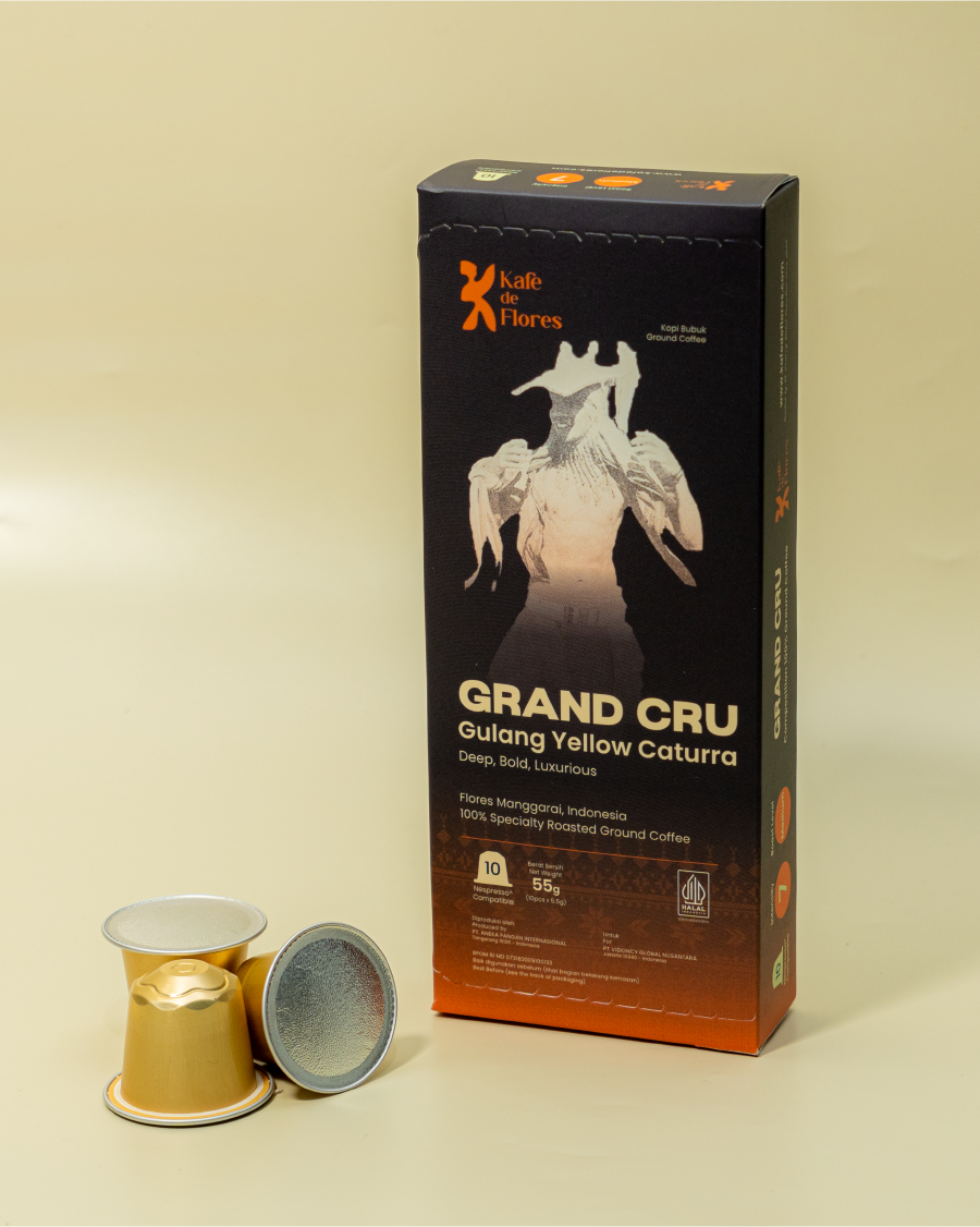 Grand Cru Gulang Yellow Caturra coffee capsule flat lay, Kafe de Flores Manggarai Flores Indonesia