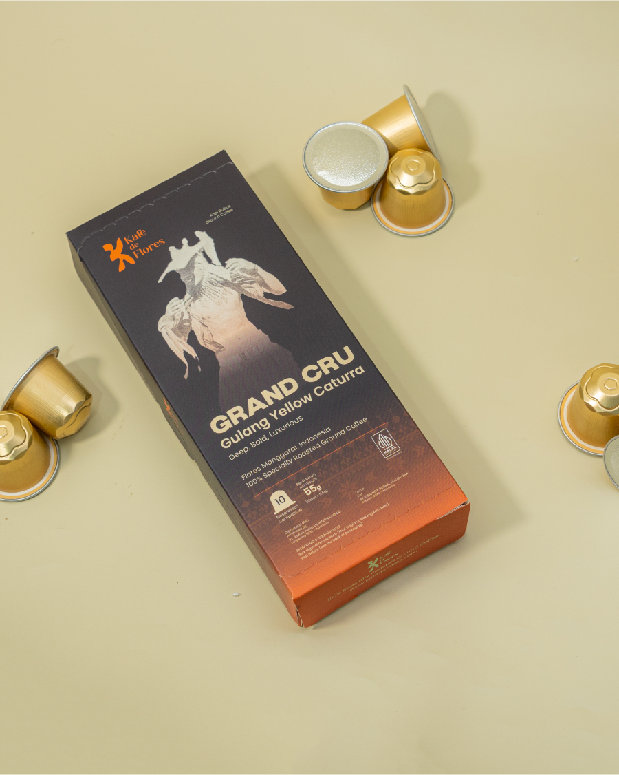 Grand Cru Gulang Yellow Caturra coffee capsule packaging side angle, Kafe de Flores Manggarai Flores Indonesia