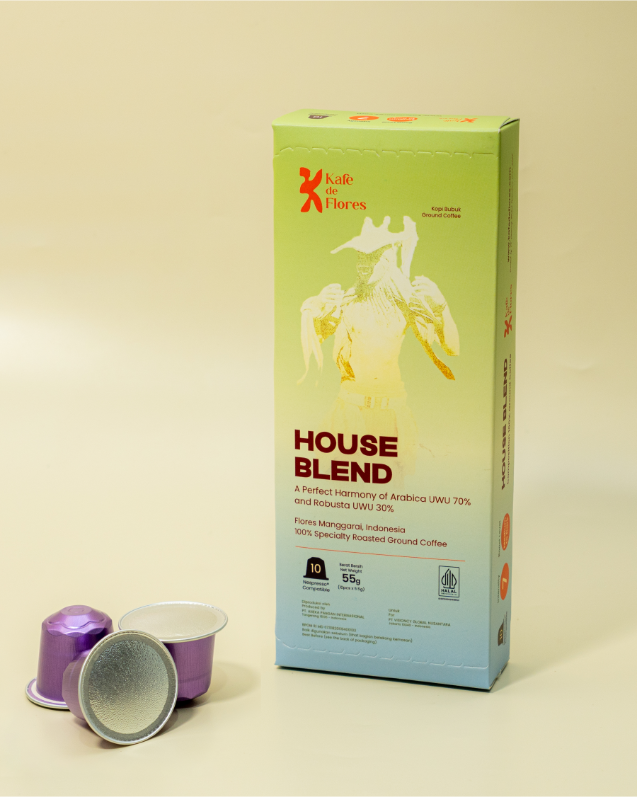 House Blend coffee capsule flat lay with loose capsules, Kafe de Flores Manggarai Flores Indonesia