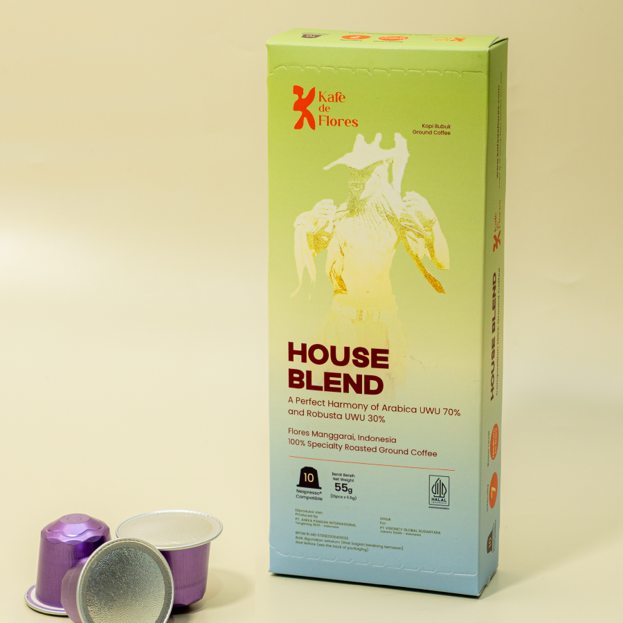 House Blend coffee capsule flat lay with loose capsules, Kafe de Flores Manggarai Flores Indonesia
