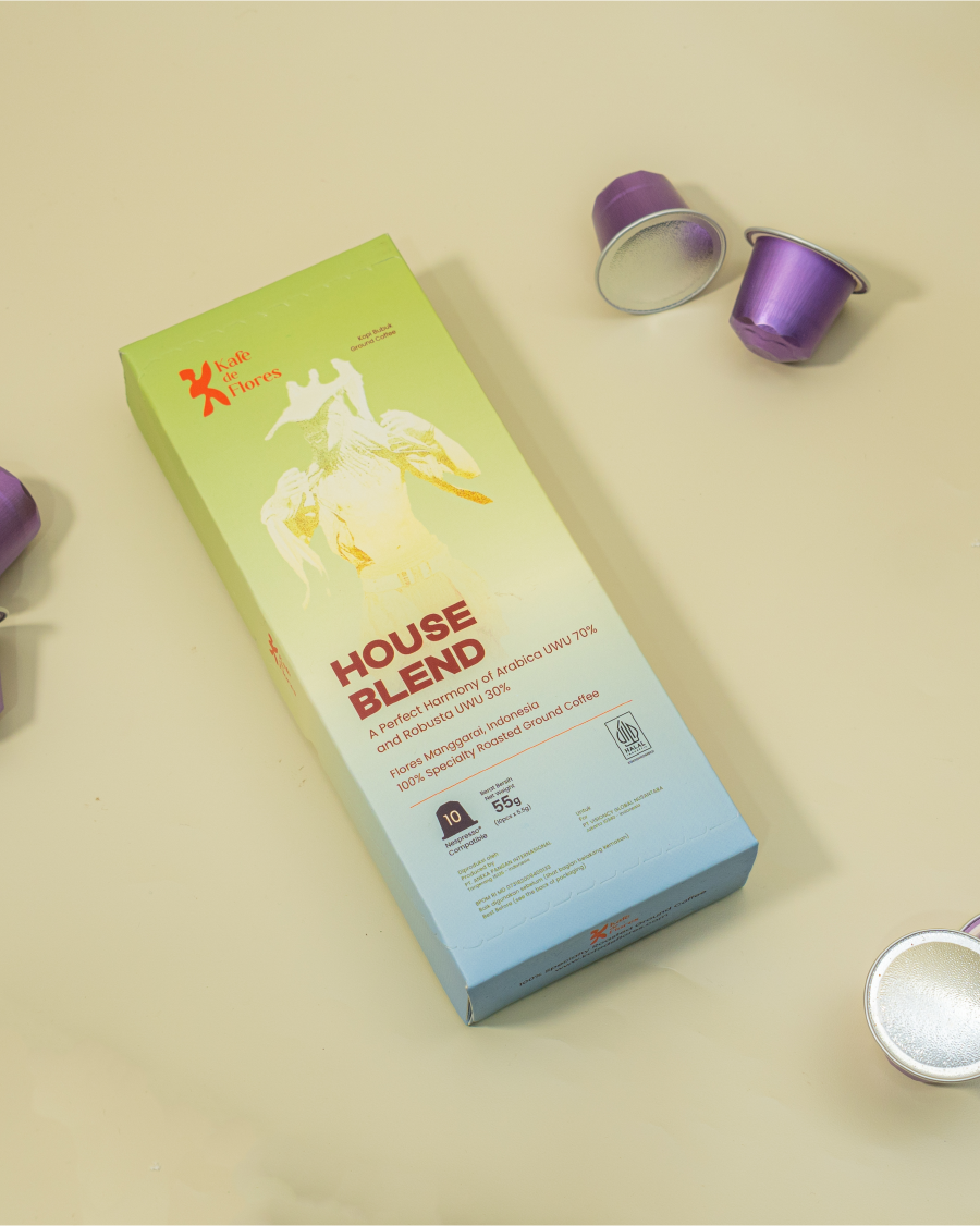 House Blend coffee capsule packaging side angle, Kafe de Flores Manggarai Flores Indonesia