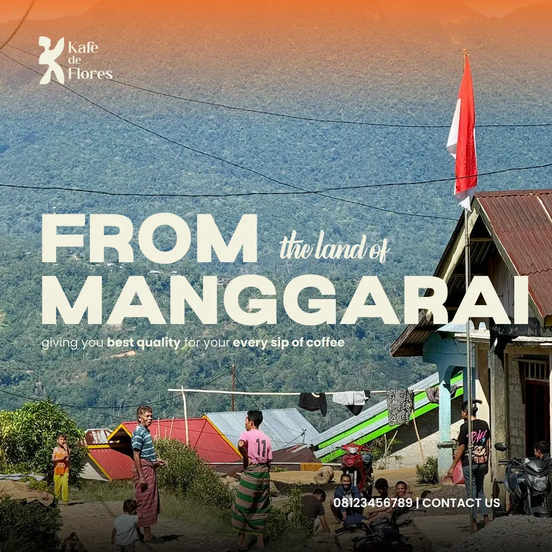 Promotional image for Kafe de Flores coffee, featuring a village scene with text overlay.