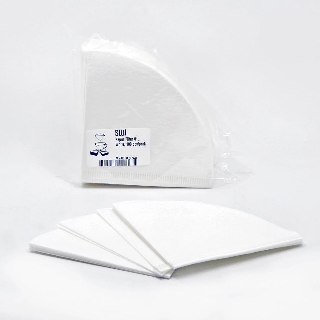 Packaging of SUJI paper filters on a white background