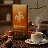Signature Mbohang coffee capsule with espresso cup and coffee beans lifestyle shot, Kafe de Flores Manggarai Flores Indonesia
