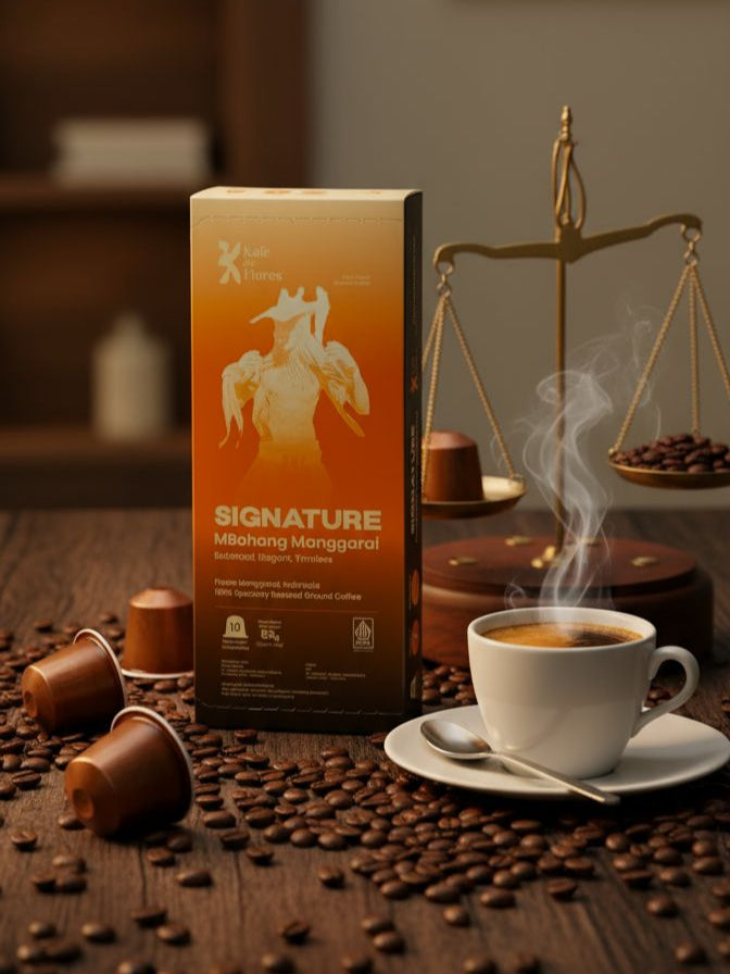 Signature Mbohang coffee capsule with espresso cup and coffee beans lifestyle shot, Kafe de Flores Manggarai Flores Indonesia