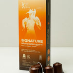 Signature Mbohang coffee capsule packaging side angle with capsules, Kafe de Flores Manggarai Flores Indonesia