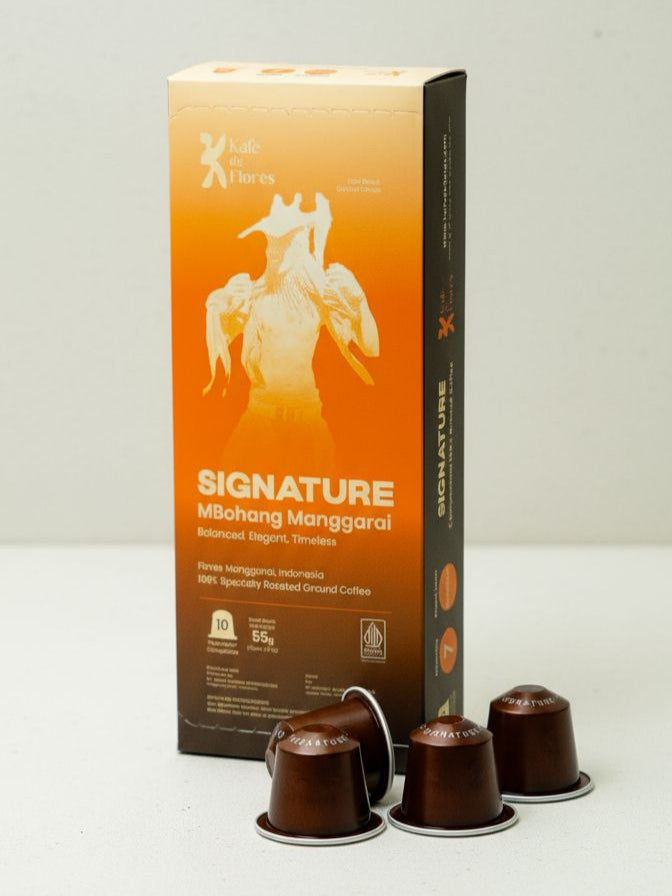 Signature Mbohang coffee capsule packaging side angle with capsules, Kafe de Flores Manggarai Flores Indonesia