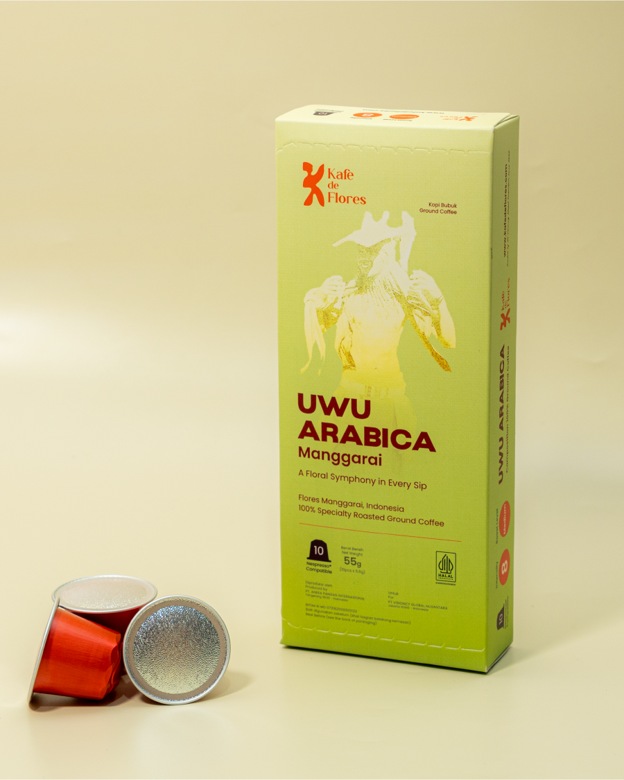 UWU Arabica coffee capsule packaging side angle, Kafe de Flores Manggarai Flores Indonesia