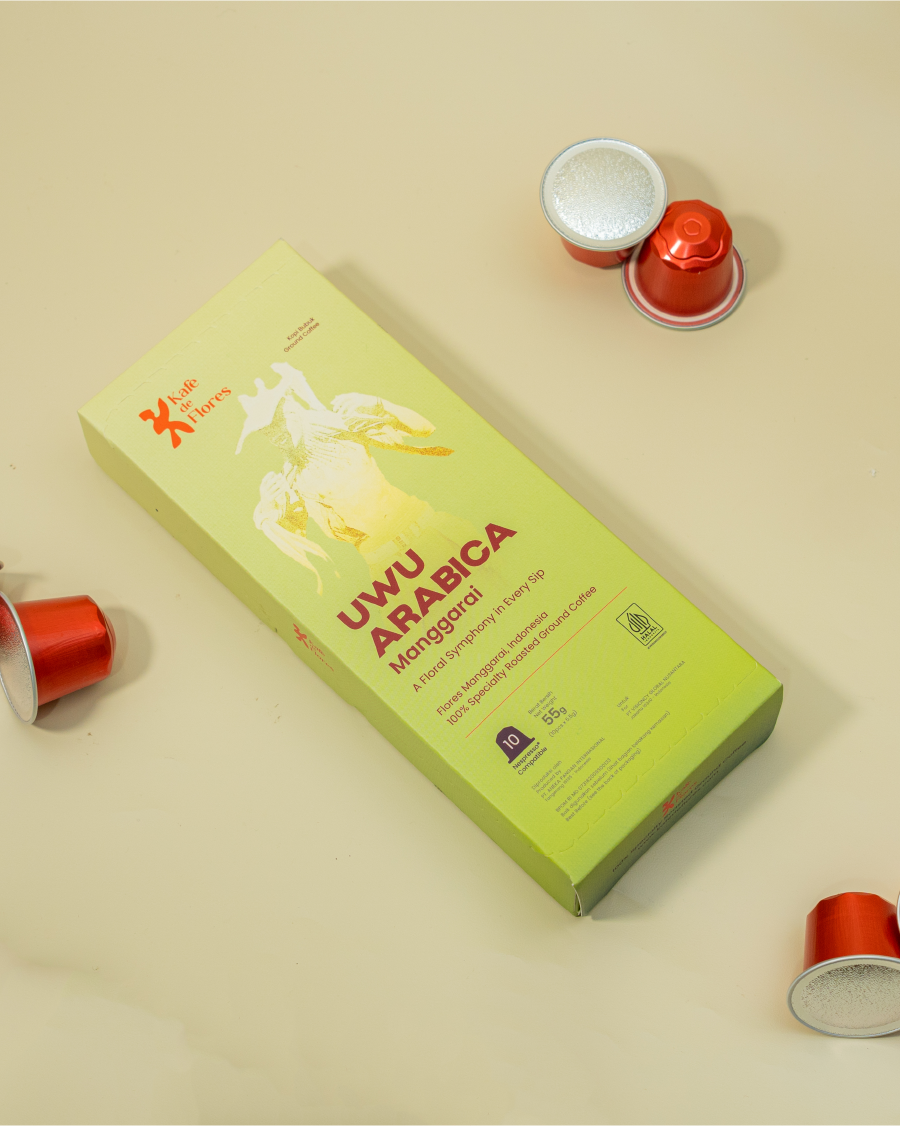 UWU Arabica coffee capsule flat lay with cherries, Kafe de Flores Manggarai Flores Indonesia