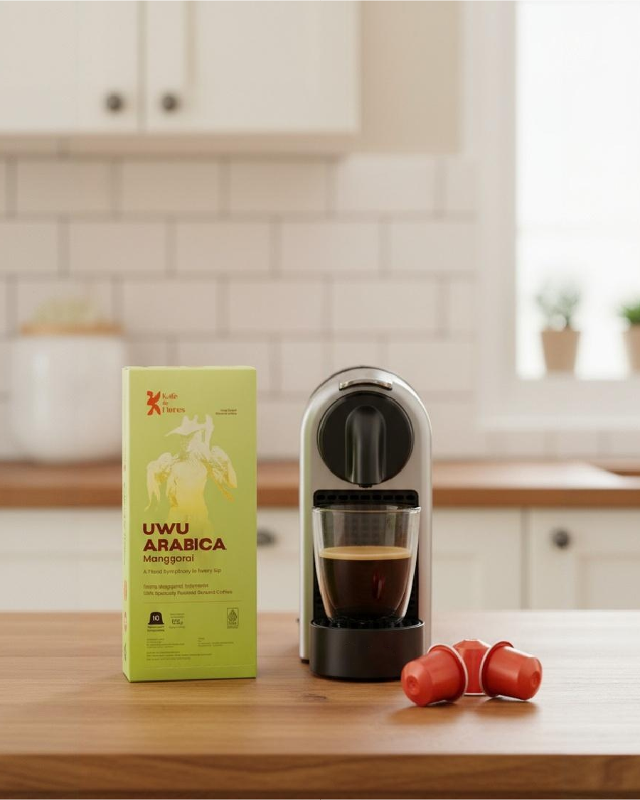 UWU Arabica coffee capsule with espresso machine lifestyle shot, Kafe de Flores Manggarai Flores Indonesia
