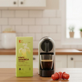 UWU Arabica coffee capsule with espresso machine lifestyle shot, Kafe de Flores Manggarai Flores Indonesia