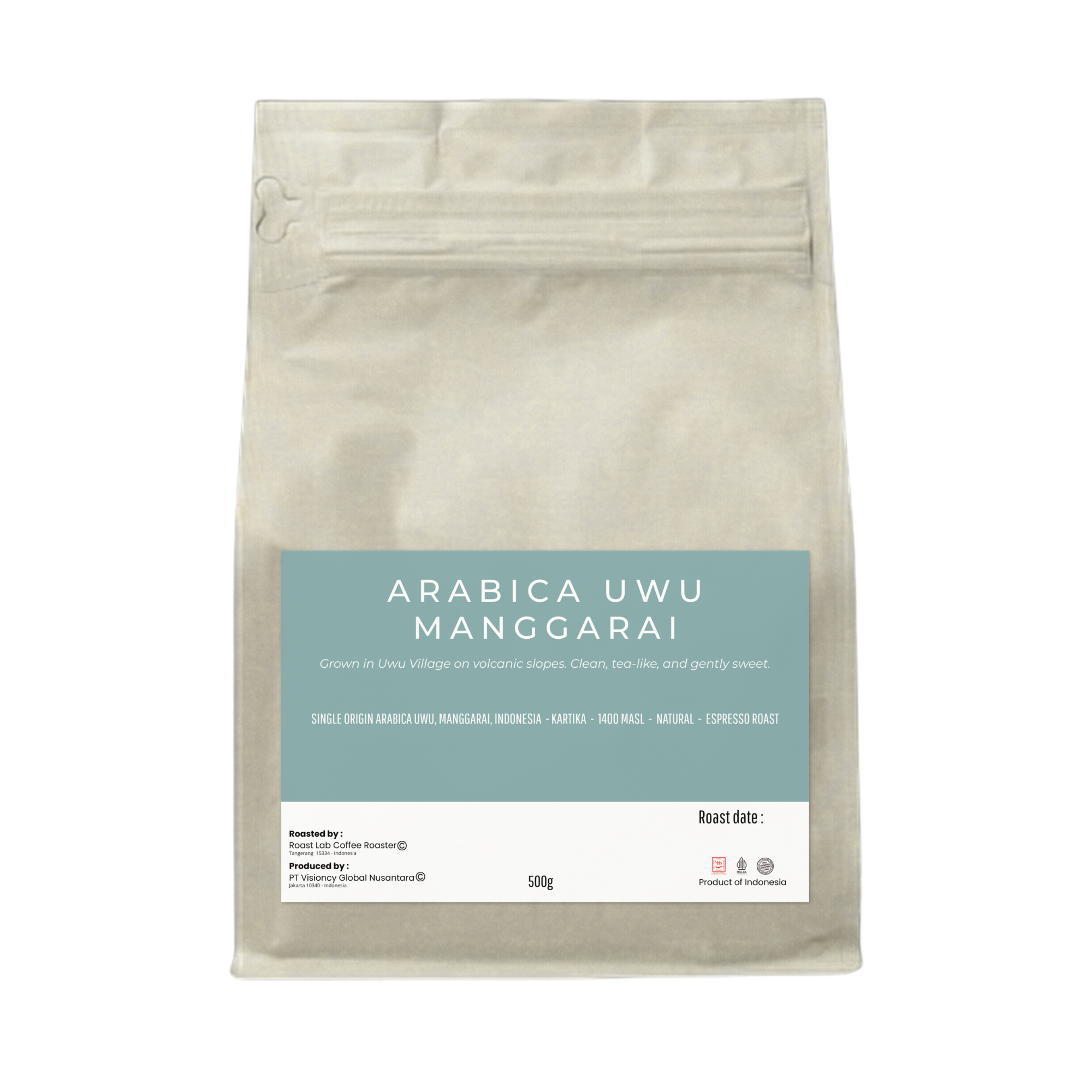 Arabica UWU Manggarai specialty coffee bag front view, Kafe de Flores UWU Manggarai Flores Indonesia