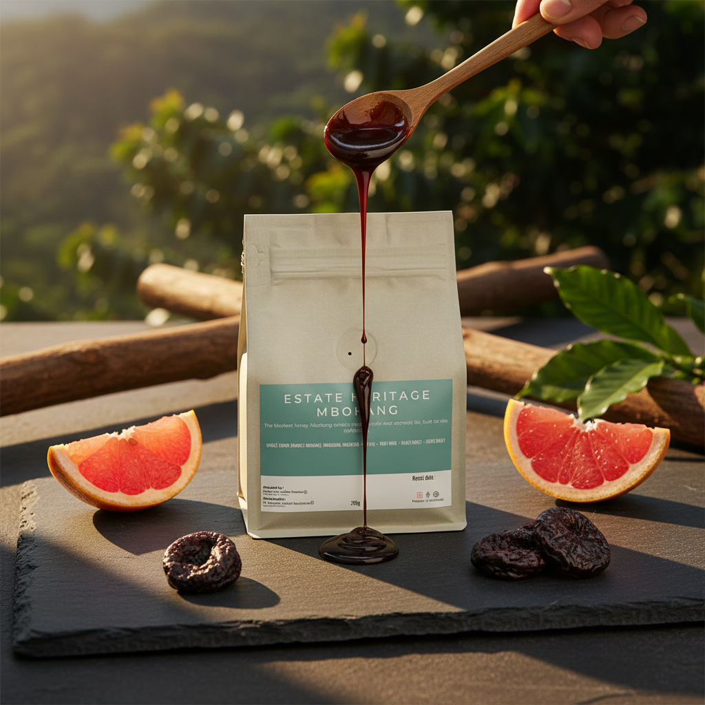 Estate Heritage Mbohang specialty coffee lifestyle shot with grapefruit and dried plum, Kafe de Flores Mbohang Manggarai Flores Indonesia