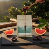 Estate Heritage Mbohang specialty coffee lifestyle shot with grapefruit and dried plum, Kafe de Flores Mbohang Manggarai Flores Indonesia