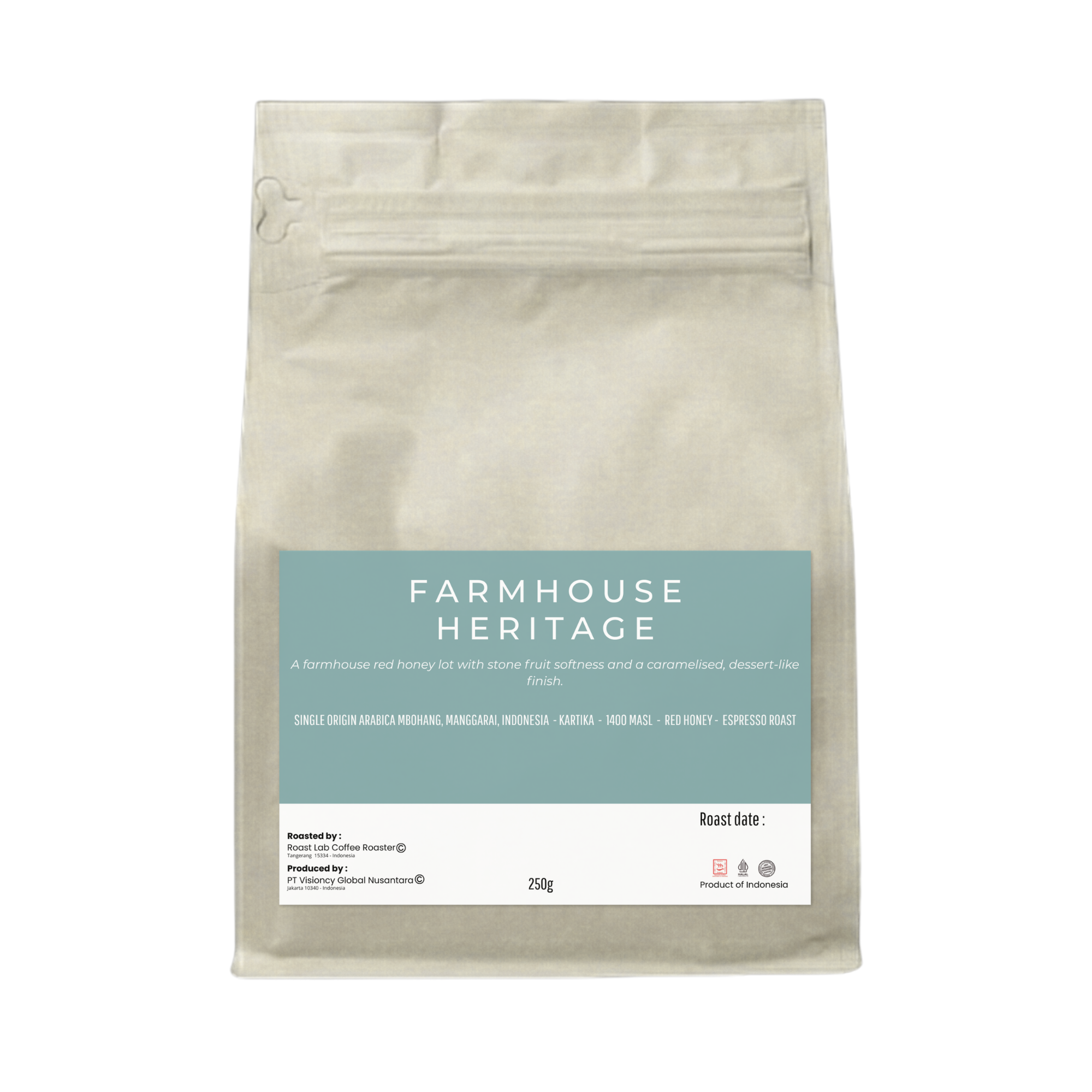 Farmhouse Heritage specialty coffee bag front view, Kafe de Flores Mbohang Manggarai Flores Indonesia