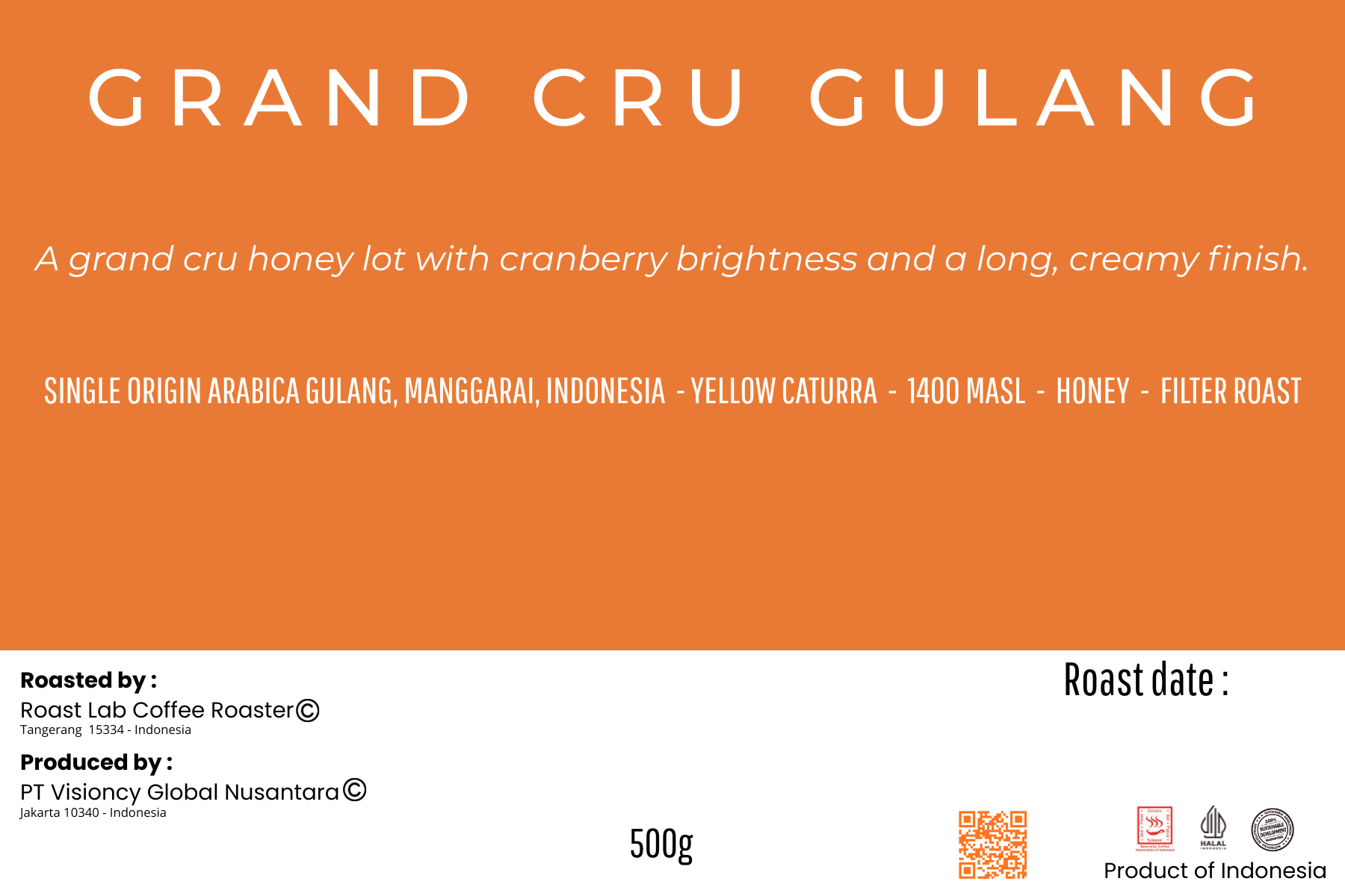 Grand Cru Gulang specialty coffee product label detail, Kafe de Flores Gulang Manggarai Flores Indonesia