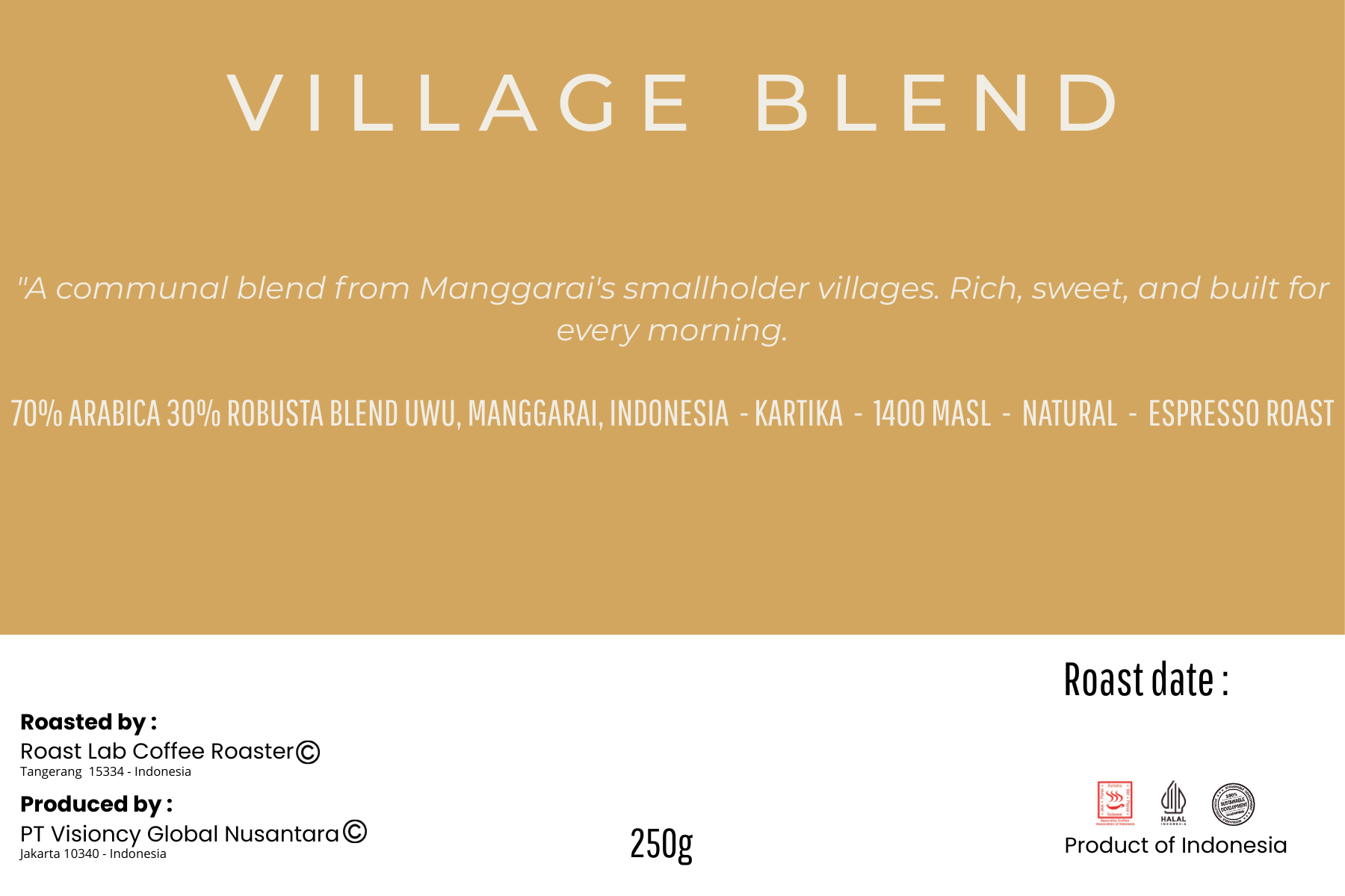 Village Blend UWU specialty coffee product information card, Kafe de Flores Manggarai Flores Indonesia