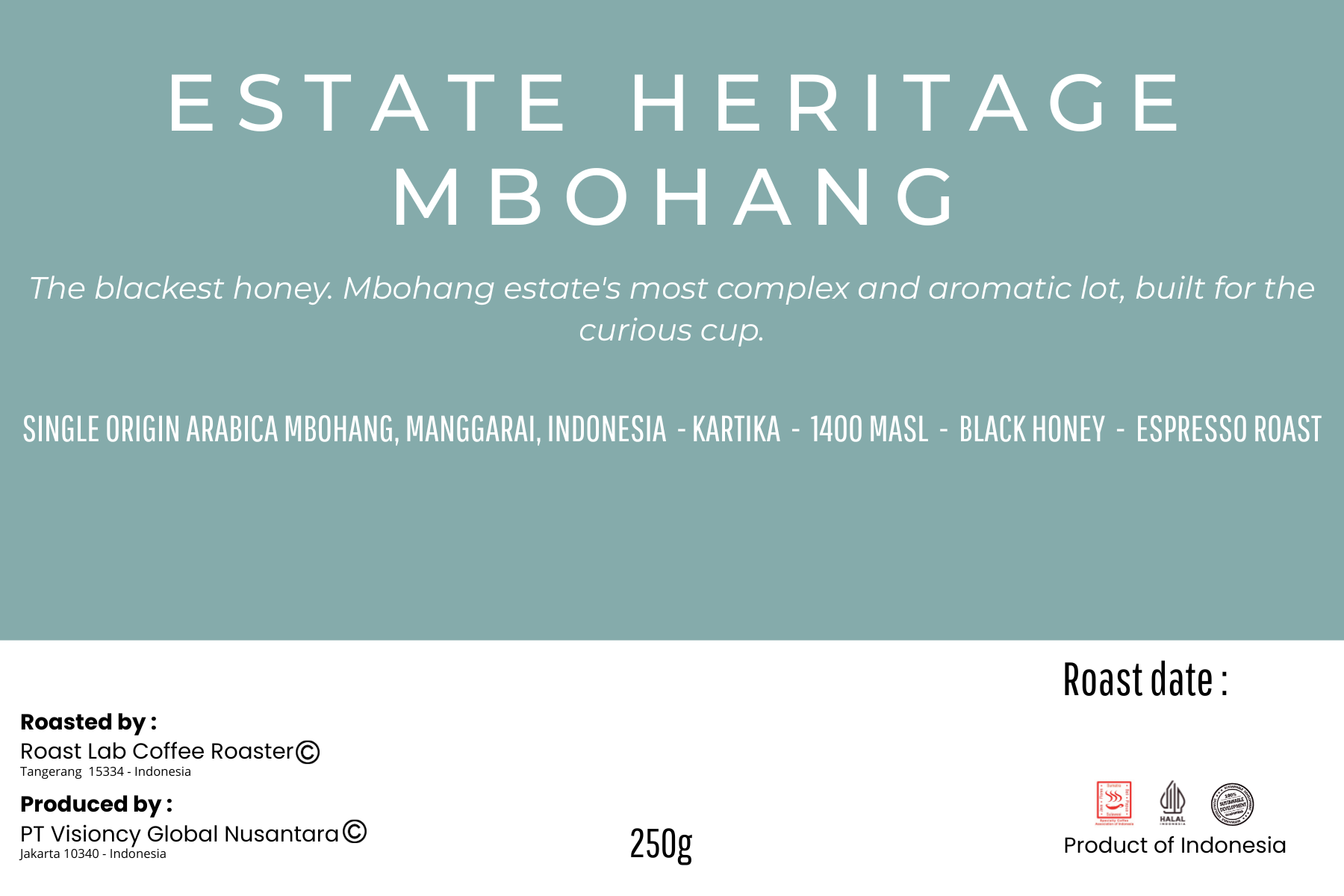 Estate Heritage Mbohang specialty coffee product information card, Kafe de Flores Mbohang Manggarai Flores Indonesia