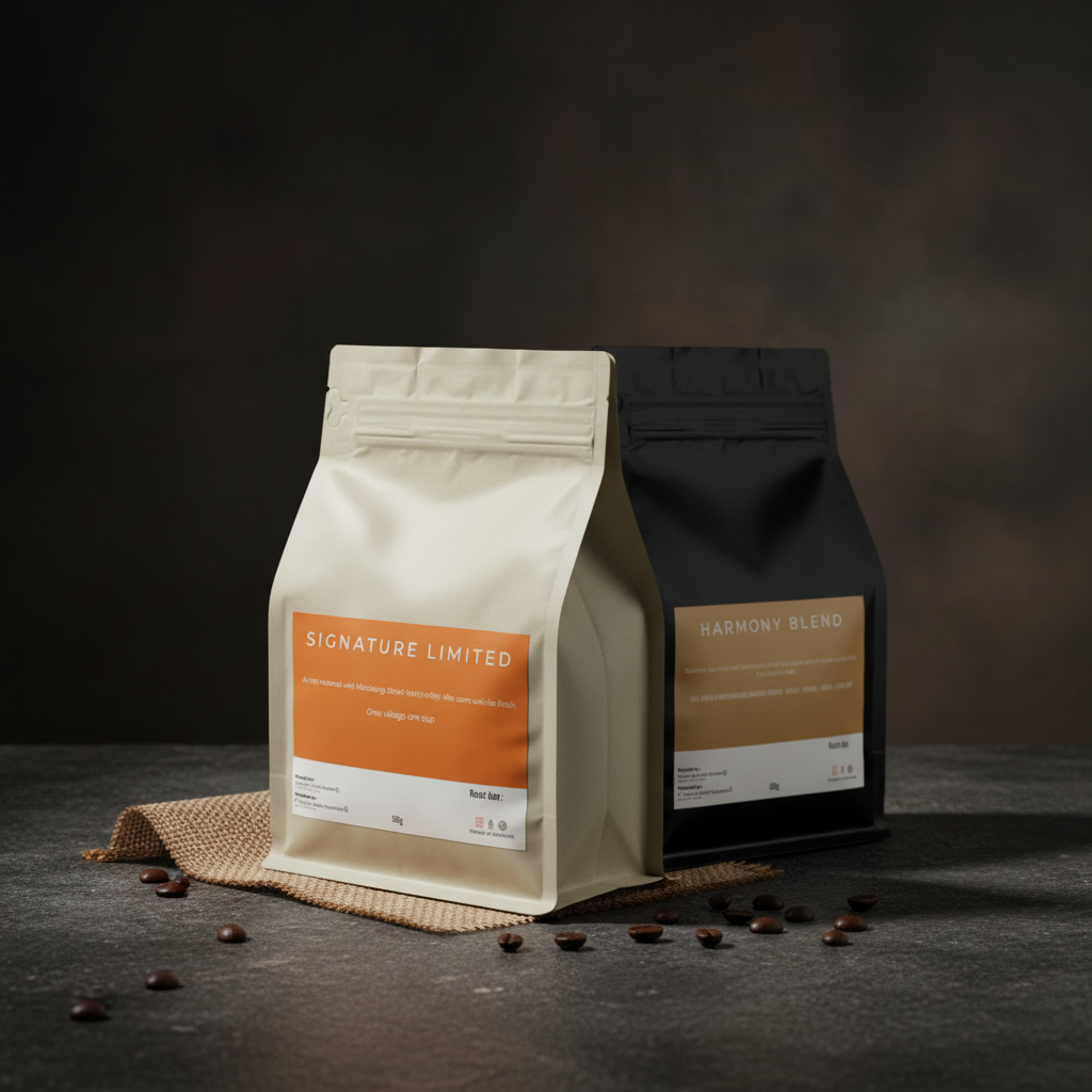 Signature Limited and Harmony Blend specialty coffee duo moody editorial, Manggarai Flores Indonesia.