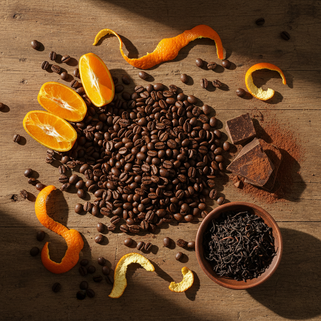 Village Blend UWU specialty coffee lifestyle shot with spices and dried fruits, Kafe de Flores Manggarai Flores Indonesia