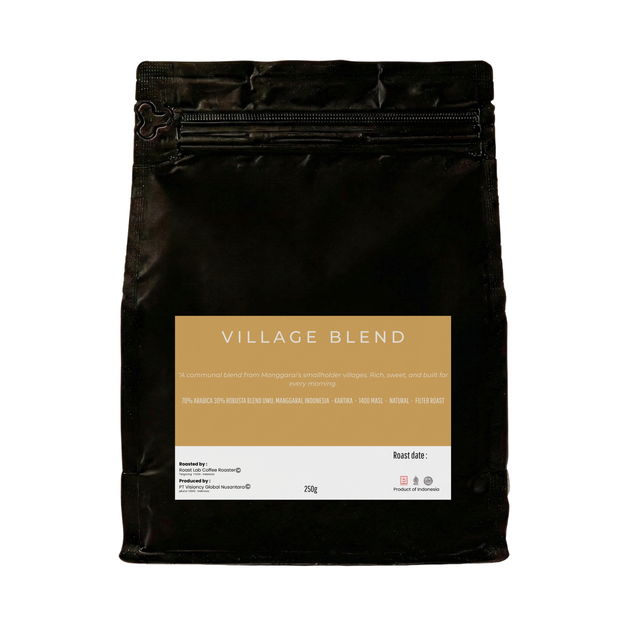 Village Blend UWU specialty coffee bag front view, Kafe de Flores Manggarai Flores Indonesia